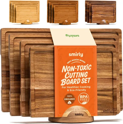 Vista 14 de SMIRLY - Tabla de corte grande de acacia para cocina: tabla de cortar de madera grande con ranura para jugos, tablas de cortar de madera