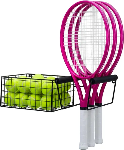 Vista 6 de MyGift Raqueta de tenis de metal colgante y cesta de almacenamiento de pelota de tenis, soporte de raqueta montado en la pared
