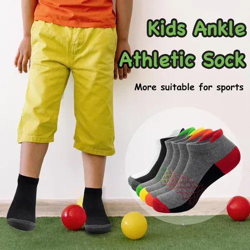Vista 2 de HENGRUI Calcetines acolchados para niños, calcetines deportivos para niños con lengüeta de corte bajo para niños de 4-7, 7-10 años, 6 pares