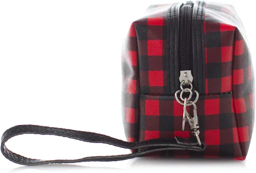 Vista 2 de Leisureland Bolsa de cosméticos de dos tonos de lona de algodón maquillaje bolsa de embrague, rojo (Buffalo Plaid Red)