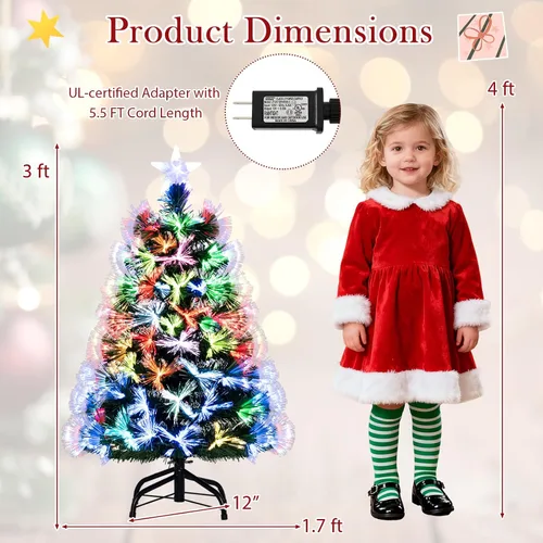 Vista 5 de DREAMADE Árbol de Navidad de fibra óptica, árbol de Navidad preiluminado de 3 pies con luces multicolor, 93 puntas de ramas y estrella superior
