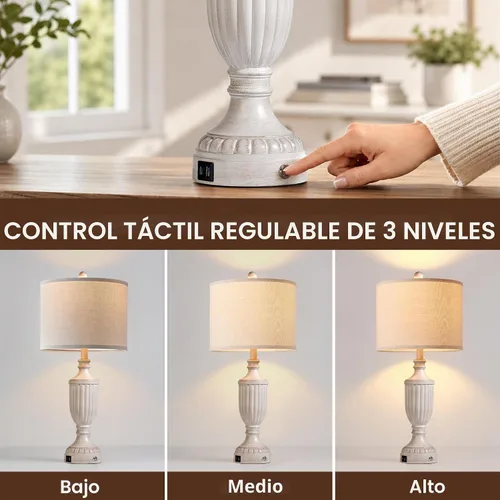 Vista 4 de Juego de 2 lámparas de mesa de granja para dormitorio, lámpara de noche de 27.5 pulgadas con puertos USB, lámpara de mesa de noche regulable