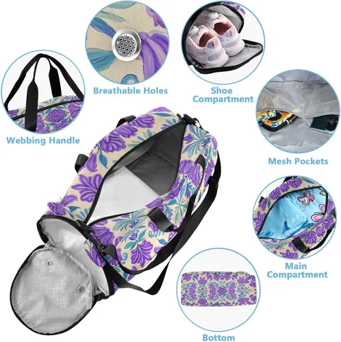 Vista 4 de Trendy Vintage Flower Lavender Blue1 Duffel Bag with Shoes Compartment Large Capacity Carry On Overnight Bag for Boys and Girls bolsos deportivos