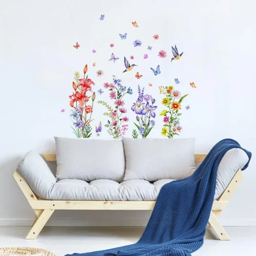 Vista 3 de Calcomanías de pared de plantas botánicas de rosas, 2 hojas de flores, mariposas, calcomanías de pared de PVC extraíbles para niñas, dormitorio Tipo