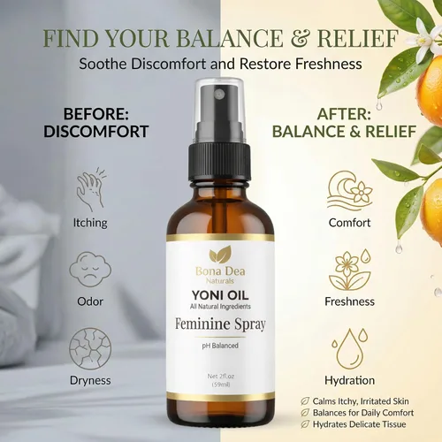 Vista 5 de Bona Dea Naturals - Aceite de Yoni hecho con árbol de té, citronela y aceites esenciales de naranja, «El aerosol femenino original totalmente