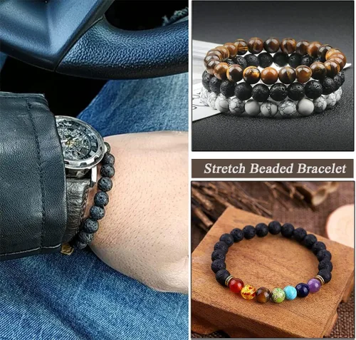 Vista 3 de Jewdreamer 6-12 pulseras de piedra de lava negra de 7 chakras para hombres y mujeres, mezcla de cuentas de roca Yinyang de 0.315in, piedras