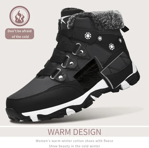 Vista 3 de ASHION Botas de nieve para mujer, con forro de piel cálida, botas de invierno cómodas, botines de senderismo al aire libre para mujer