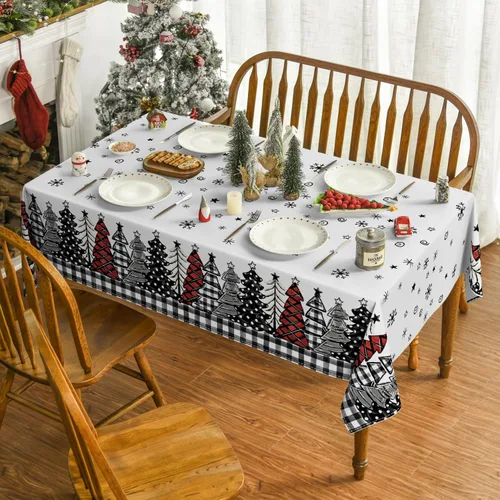 Vista 2 de Horaldaily Mantel de Navidad 52×70 Pulgadas Rectangular, Árboles de Navidad con Diseño de Búfalo a Cuadros Negro Lavable, Cubierta de Mesa