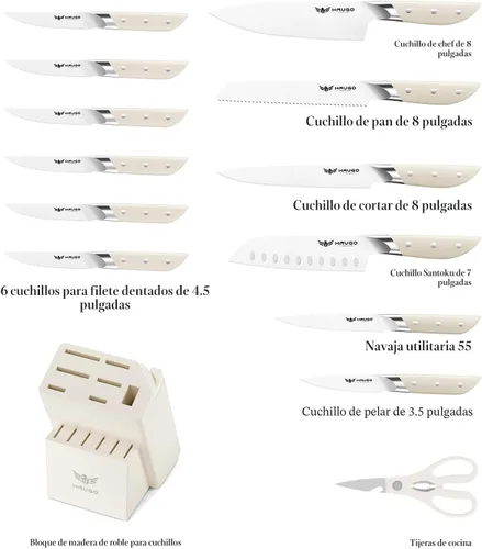 Vista 2 de Juego de cuchillos de cocina con bloque: 14 piezas de acero inoxidable alemán de espiga completa - Agarre cómodo que reduce la fatiga de la mano 30%