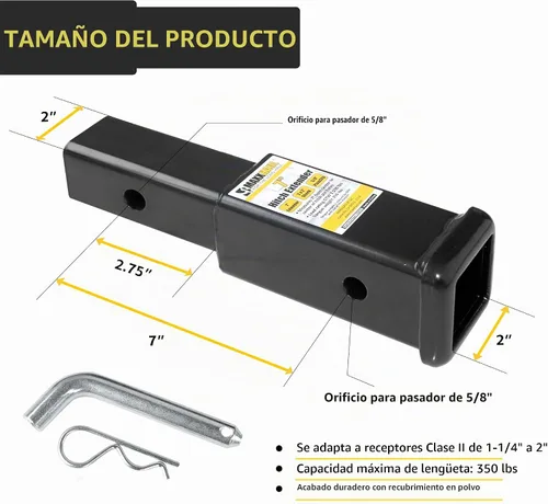 Vista 2 de MaxxHaul 50833 Extensor de receptor de enganche de remolque de 2 x 2 pulgadas, longitud de extensión de enganche de 7 pulgadas, 3500 libras GTW