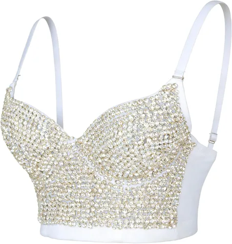 Vista 3 de ELLACCI Corsé de diamantes de imitación con strass de mujer, top corto con bustier y push up, sexy, punk, blanco