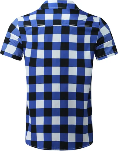 Vista 4 de ZDFER - Camisa hawaiana a cuadros para hombre, manga corta con cremallera de solapa para hombre, camisetas activas, verano, vacaciones, playa