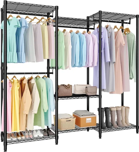 Vista 16 de Perchero de ropa resistente, perchero portátil de metal con estantes ajustables de 3 niveles, estantes de ropa independientes para colgar ropa