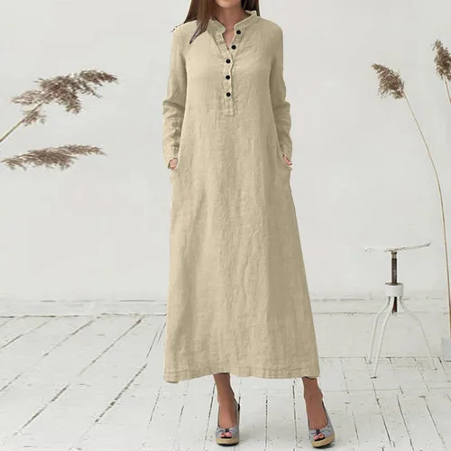Vista 29 de Vestido de manga larga para mujer, casual, de algodón, lino, con botones, maxivestidos tipo caftán, blanco y azul