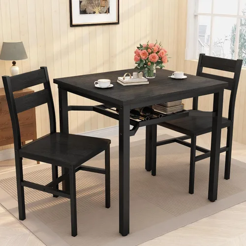 Vista 8 de Hooseng juego de mesa de comedor de 3 piezas para 2, pequeña mesa de cocina de madera con almacenamiento, juego de comedor cuadrado de estilo granja