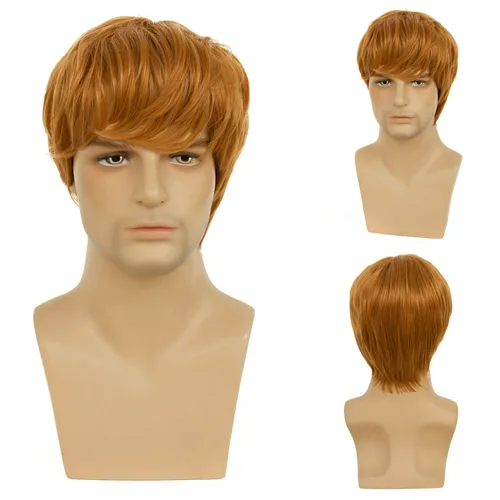 Vista 10 de Peluca negra corta y rizada para hombre, peluca sintética para cosplay, con gorra de peluca