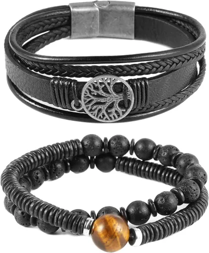 Vista 3 de HZMAN Pulseras de cuero genuino con diseño de árbol de la vida para hombres y mujeres, diseño de ojo de tigre, piedra natural, cuentas de roca