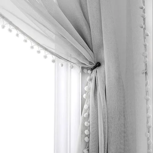 Vista 20 de MISS SELECTEX Cortinas semitransparentes con aspecto de lino y borlas de pompones - Cortinas de gasa semitransparentes con bolsillo para varilla