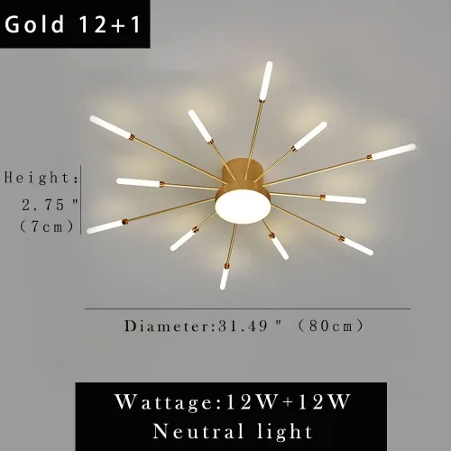 Vista 6 de Lámpara de techo LED de 32 pulgadas, 12 luces de techo modernas, lámpara de techo empotrada, iluminación de interior dorada para sala de estar