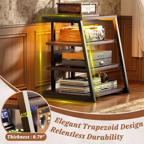 Vista 6 de Soporte multimedia AV de 4 niveles con tiras de alimentación, soporte estéreo con luces LED, torre de audio en rack con estantes ajustables, pequeño
