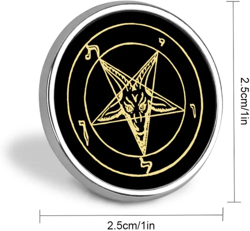 Vista 2 de Pentáculo invertido de oro Baphomet de estaño satánico de cabra esmaltada lindo Pin de solapa de metal redondo insignias broches para ropa, bolsas