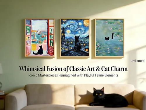 Vista 5 de 9 piezas divertidas de arte de pared de gato negro, gatos negros retro en pinturas famosas, carteles impresos, lindos gatos coloridos, decoración