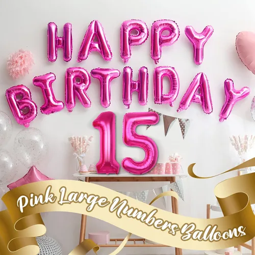 Vista 5 de Globo rosa intenso de 40 pulgadas con el número 15, decoraciones de globos de cumpleaños de 15 para niñas