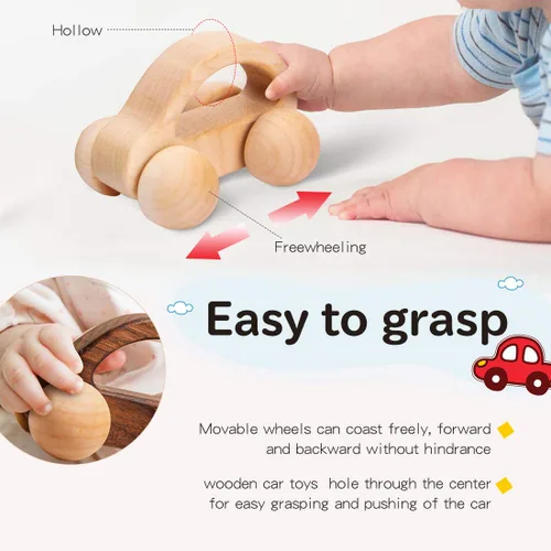 Vista 5 de Coche de empuje orgánico para bebés, juguetes de madera, 2 piezas, automóvil de madera y desarrollo de movimientos finos y juguetes Montessori