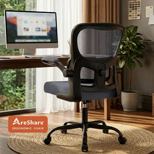 Vista 10 de Silla de oficina ergonómica, cómoda silla de escritorio con soporte lumbar ajustable, silla de computadora de malla con ruedas, reposabrazos