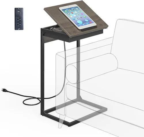 Vista 12 de sthmec Mesa auxiliar en forma de C con estación de carga, mesa auxiliar abatible ajustable de 45° con almacenamiento, mesa pequeña en C