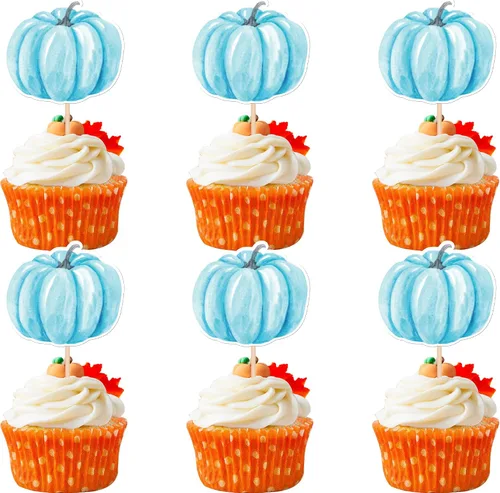 Vista 22 de 24 piezas de decoración de calabaza para cupcakes con purpurina temática de otoño, decoración de pasteles con temática de calabaza, cumpleaños