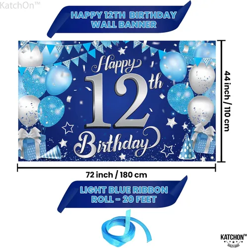 Vista 2 de KatchOn, Cartel de feliz cumpleaños número 12, 72 x 44 pulgadas, decoración de fiesta de feliz cumpleaños número 12 azul y plateado para niños