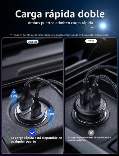 Vista 4 de AKESR Cargador de coche USB C de 65 W de carga rápida, accesorios de salida USB de 12 V para Carro, adaptador compacto para encendedor