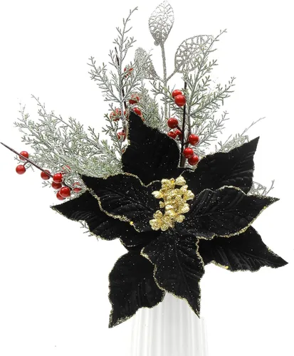 Vista 9 de SHACOS 10 piezas de 9.8 pulgadas de flores de Pascua grandes con purpurina para tallos de tela de terciopelo, flores florales, flores de Navidad