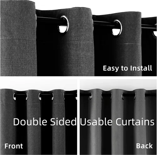Vista 3 de Cortinas opacas 100% de lino negro para dormitorio, cortinas opacas para sala de estar, cortinas de oscurecimiento de habitación de doble capa