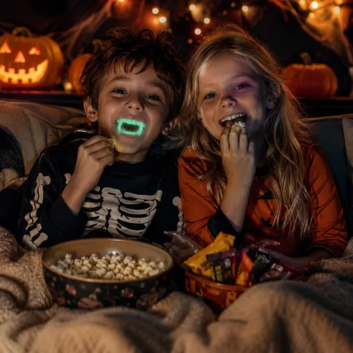 Vista 4 de 12 piezas de dientes de Halloween que brillan en la oscuridad colmillos, disfrazarse, juego de simulación
