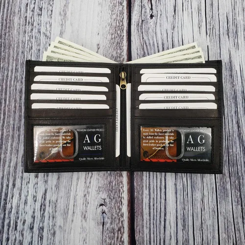 Vista 8 de ag wallets Cartera europea plegable de cuero genuino RFID para hombre Hipster 2 ventanas de identificación