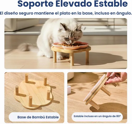 Vista 2 de PawsPik Plato de cerámica para gatos con soporte de bambú elevado, color Rosa