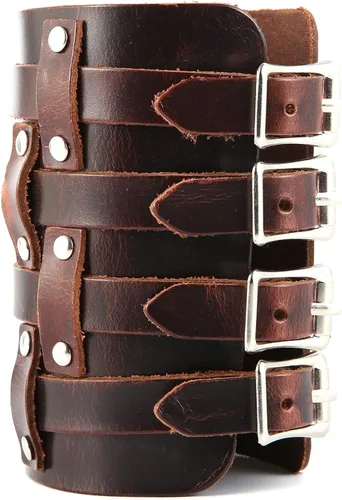 Vista 5 de HZMAN Brazalete ancho de cuero con triple correa para hombre, con hebilla y cierre de brazo, 4 filas, Cuero