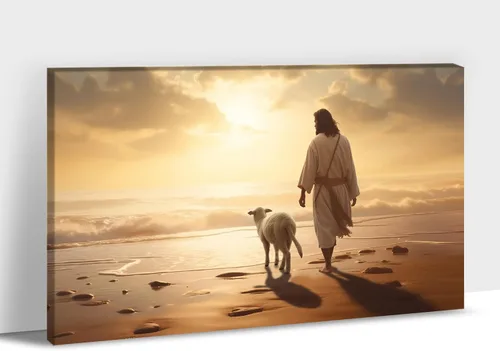 Vista 14 de Arte de pared en lienzo de Jesús y Cordero, Arte de pared en lienzo de Jesús abrazando a un cordero fangoso, Arte de pared cristiano para decoración
