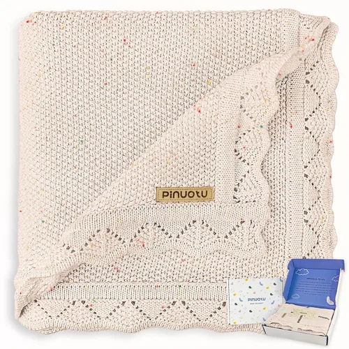 Vista 9 de Manta de punto para bebés para niños y niñas, 100% algodón, manta para cuna y cochecito para recién nacidos, bebés, niños pequeños, crema, 40 x 31