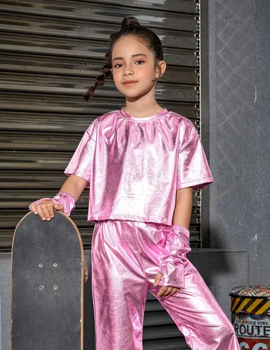 Vista 2 de Perfashion Camisas metálicas para niñas con mangas de brazo, top corto brillante para baile, raves, festivales, disfraces de 4 a 15 años