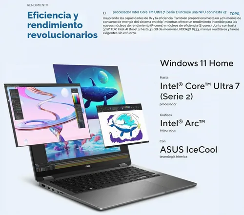 Vista 3 de ASUS Vivobook Flip OLED Touch Copilot+ de 14 pulgadas, Intel EVO Core Ultra 7 256V, Wi-Fi 7, bisagra de 360°, Thunderbolt4, Win 11, con mouse
