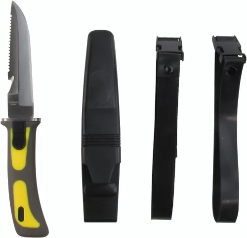 Vista 2 de TREASURE GURUS, LLC Cuchillo de buceo amarillo con hoja de acero inoxidable de 9 pulgadas con cortador de línea y correas para brazos o piernas