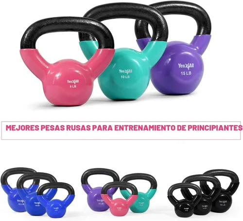 Vista 3 de Yes4All - Juego de pesas rusas recubiertas de vinilo, set combinado para entrenamiento corporal completo, fuerza de agarre, flexiones y ejercicios