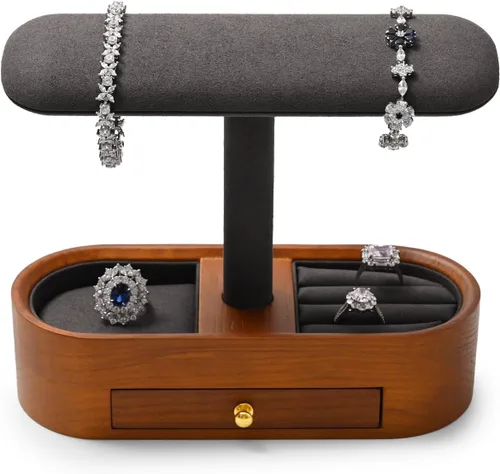Vista 3 de Oirlv Soporte de reloj de madera maciza con cajón, soporte para reloj con barra en T, organizador para hombres y mujeres, brazalete de exhibición