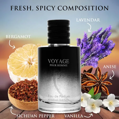 Vista 2 de Voyage for Men Eau De Parfum - Composición sofisticada de fragancia masculina de bergamota, pimienta, lavanda, anís estrellado y nuez moscada - Base