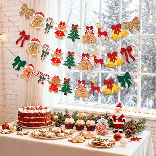 Vista 7 de 3 unidades de pancarta de Navidad con lazo vintage, lazos verdes y rojos, árbol de Navidad, árbol de Navidad, hombre de jengibre, guirnalda