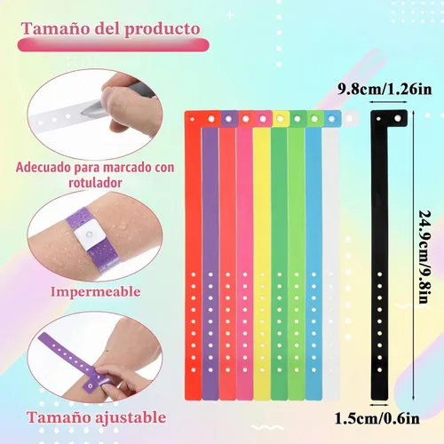 Vista 3 de 60 pulseras de plástico para eventos, pulseras ajustables multicolor, pulseras de plástico impermeables neón para eventos, conciertos, festivales