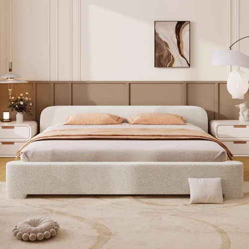 Vista 12 de Cama de Plataforma Tapizada con Forma Curva con Cabecera de Forma Curva, Marco de Cama de Madera Tamaño Full para Dormitorio de Niños y Adultos